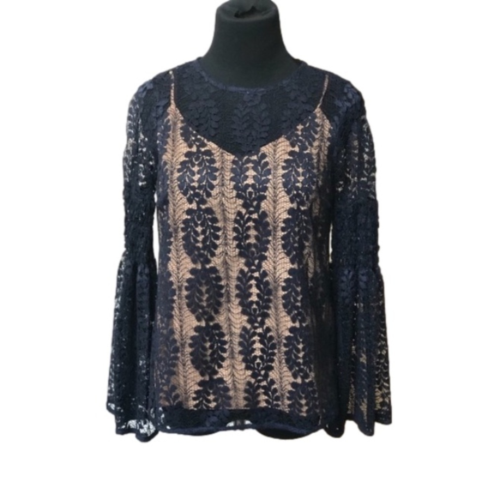 NWT Michael Kors Lace Overlay Top in Navy with Bell Sleeves & Blush Pink Cami